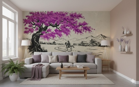 Samuraj i Fioletowa Wiśnia – Fototapeta Styl Japandi do Salonu i Gabinetu na wymiar