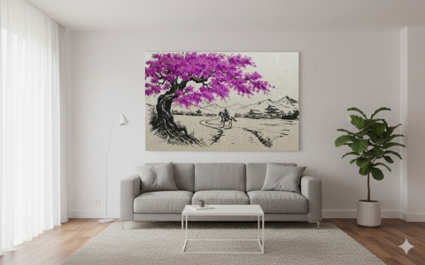 Samuraj i Fioletowa Wiśnia – Fototapeta Styl Japandi do Salonu i Gabinetu na wymiar