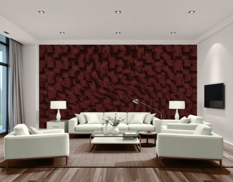 Fototapeta 3D bordowa plecionka koszykowa w nowoczesnym salonie z białymi meblami, luksusowa tekstura materiału na ścianę.