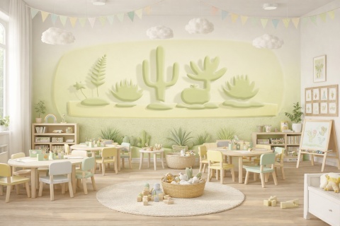 Fototapeta 3D dla dzieci Pustynna Preria, Miękki Kaktus Pastelowy, Mural Boho do Przedszkola i Pokoju Dziecka, Personalizowana