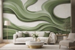 Nowoczesny salon z dużą fototapetą przedstawiającą zielony motyw fluid art w kojącej, minimalistycznej estetyce.