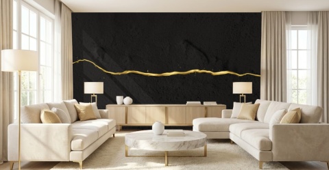 Elegancki, jasny salon z ciemnym muralem ze złtą żyłą.