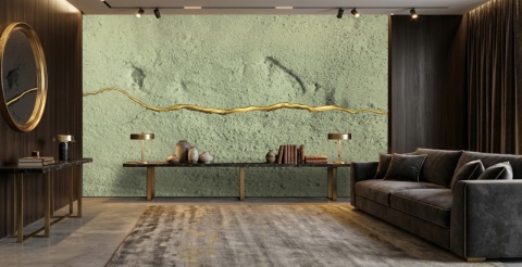 Elegancki, ciemny salon z sałwiowym muralem ze złtą żyłą.