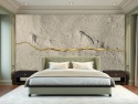 Elegancka, jasna sypialnia z muralem taupe ze złtą żyłą.