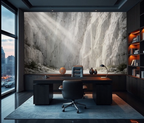 Inspirująca fototapeta z widokiem na nasłonecznione skały w domowym gabinecie, optycznie powiększająca przestrzeń.