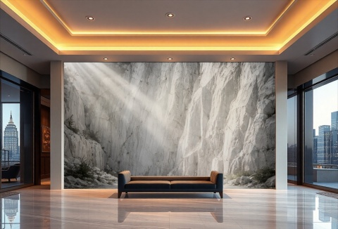 Monumentalna fototapeta z jasnym kanionem w reprezentacyjnym holu hotelowym, tworząca luksusowe i przestronne wejście dla gości.