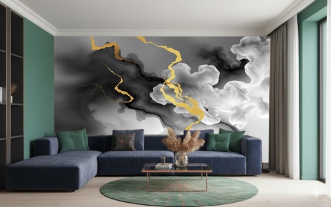 Czarny i biały dym ze złotą ozdobą mockup w salonie