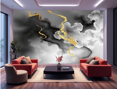 Fototapeta Czarno-Biały Dym ze Złotem, Mural Abstrakcja Gold Vein, Elegancki Nowoczesny Dym