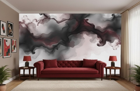 Elegancka fototapeta z motywem dymu w odcieniach głębokiej czerwieni i burgundu, przedstawiająca luksusowe tekstury fluid art idealne do nowoczesnych wnętrz.