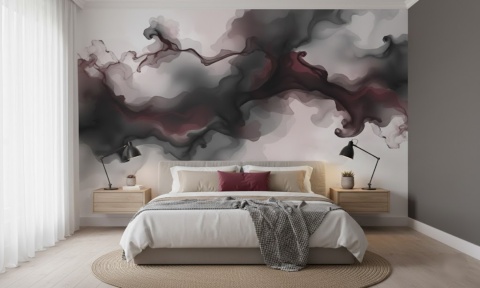 Fototapeta Abstrakcyjny Dym Czerwona, Mural Ścienny Fluid Art, Elegancka Dekoracja do Sypialni, Bordowa Tapeta na Wymiar