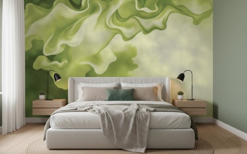 Abstrakcyjna fototapeta w kolorze szałwiowej zieleni z płynnymi przejściami tuszu alkoholowego i dymnymi akcentami, tworząca spokojny, nowoczesny klimat w sypialni.