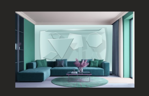 Nowoczesna fototapeta z geometrycznym wzorem 3D w salonie nad kanapą.