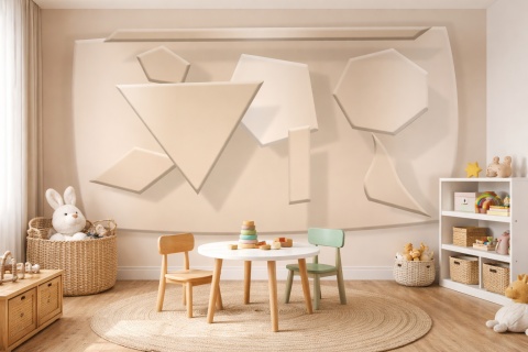 Geometryczna dekoracja ścienna w pokoju ucznia, minimalistyczny styl.