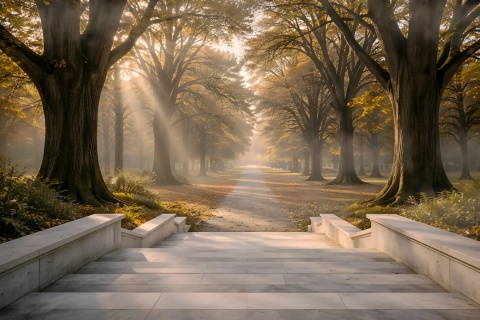 Fototapeta 3D Widok z Tarasu na Park, Marmurowe Schody w Dół, Tapeta Powiększająca Wnętrze, Luksusowy Widok na Ogród i Mgłę