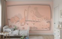 Pokój dziecięcy (Zabawa): Edukacyjna fototapeta z dinozaurami w pokoju zabaw, pastelowe tło i uśmiechnięte postacie dinozaurów tworzące przyjazną atmosferę dla dziecka.