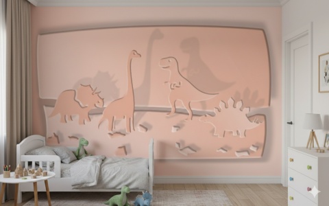 Pokój dziecięcy (Zabawa): Edukacyjna fototapeta z dinozaurami w pokoju zabaw, pastelowe tło i uśmiechnięte postacie dinozaurów tworzące przyjazną atmosferę dla dziecka.