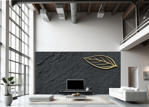 Nowoczesna fototapeta ciemny grafit antracyt tekstura betonu złoty liść styl loft