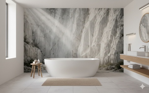 Wodoodporny mural ze skalnym wąwozem w jasnej łazience typu spa z wolnostojącą wanną.