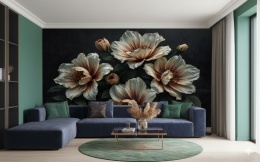 Fototapeta Duże Piwonie Vintage, Mural Ciemne Kwiaty Beż i Rdza, Elegancka Dekoracja na Czarnym Tle Moody Dark