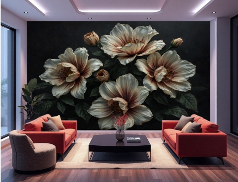 Fototapeta Duże Piwonie Vintage, Mural Ciemne Kwiaty Beż i Rdza, Elegancka Dekoracja na Czarnym Tle Moody Dark