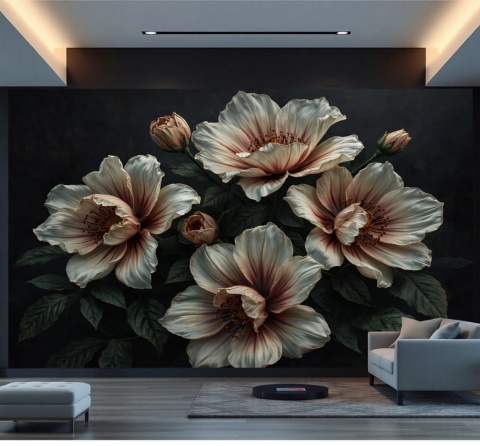 Fototapeta Duże Piwonie Vintage, Mural Ciemne Kwiaty Beż i Rdza, Elegancka Dekoracja na Czarnym Tle Moody Dark