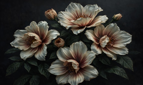 Fototapeta Duże Piwonie Vintage, Mural Ciemne Kwiaty Beż i Rdza, Elegancka Dekoracja na Czarnym Tle Moody Dark