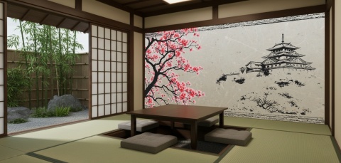 Kwitnąca wiśnie i japoński zamek - rysunek w tuszu