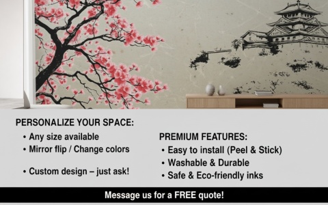 Japoński Zamek i Kwitnąca Wiśnia – Fototapeta Styl Chinoiserie do Salonu i Biura na wymiar