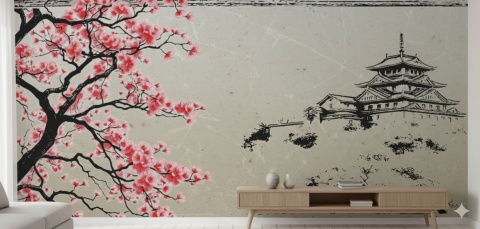 Japoński Zamek i Kwitnąca Wiśnia – Fototapeta Styl Chinoiserie do Salonu i Biura na wymiar