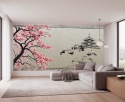 Japoński Zamek i Kwitnąca Wiśnia – Fototapeta Styl Chinoiserie do Salonu i Biura na wymiar