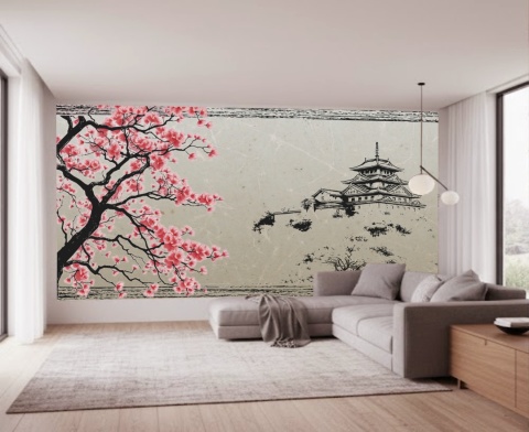 Japoński Zamek i Kwitnąca Wiśnia – Fototapeta Styl Chinoiserie do Salonu i Biura na wymiar