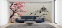Japoński Zamek i Kwitnąca Wiśnia – Fototapeta Styl Chinoiserie do Salonu i Biura na wymiar