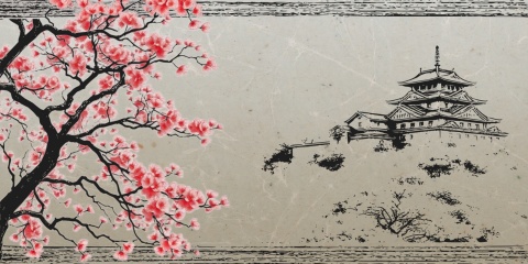 Japoński Zamek i Kwitnąca Wiśnia – Fototapeta Styl Chinoiserie do Salonu i Biura na wymiar