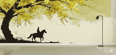 Samuraj i Złota Wiśnia – Fototapeta Japońskie Chinoiserie do Salonu i Sypialni na wymiar