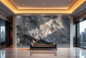 Wielkoformatowa fototapeta 3D z teksturą ciemnej skały w luksusowym lobby hotelowym, styl industrialny, antracytowy mural ścienny.