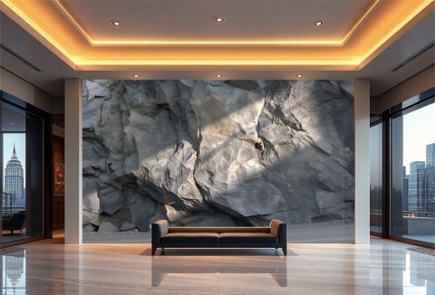 Wielkoformatowa fototapeta 3D z teksturą ciemnej skały w luksusowym lobby hotelowym, styl industrialny, antracytowy mural ścienny.
