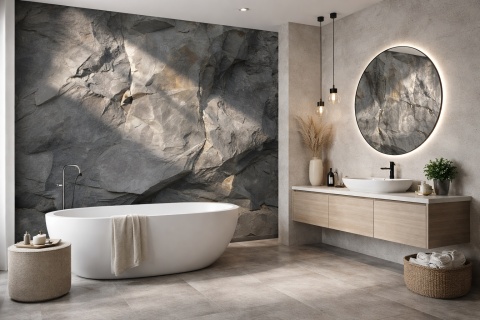 Wodoodporna fototapeta z motywem szarego łupka w nowoczesnej łazience, ciemny mural skalny w strefie spa, realistyczna tekstura kamienia.