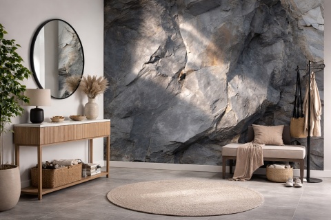 3D Skalna Ściana na Wymiar – Ciemny Mural Antracytowy do Salonu i Biura – Nowoczesna Tapeta Grafitowa Skała Industrialna