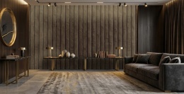 Elegancka fototapeta 3D lamele czekoladowy brąz Dark Chocolate, trójwymiarowy efekt luksusowego velvetu do gabinetu.