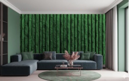 Luksusowa fototapeta 3D lamele aksamitne w kolorze butelkowej zieleni Forest Green, realistyczny efekt miękkiego velvetu na ścianie.