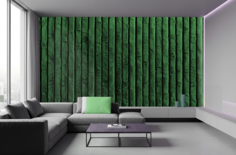 Fototapeta 3D lamele aksamitne w kolorze butelkowej zieleni Forest Green, realistyczny efekt miękkiego velvetu na ścianie.