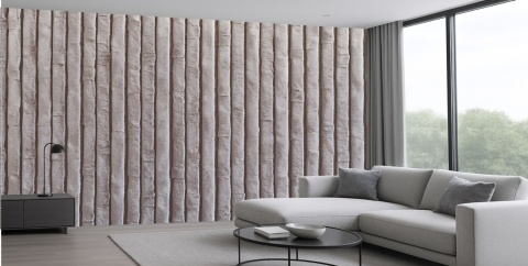 Nowoczesna fototapeta 3D lamele tapicerowane brudny róż Dusty Rose, pionowe panele z teksturą aksamitu do sypialni.