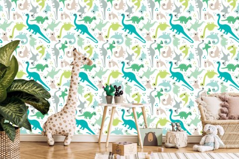 Tapeta W Kolorowe Dinozaury, Kropki, Pokój Chłopca Tapeta W Kolorowe Dinozaury, Kropki, Pokój Chłopca