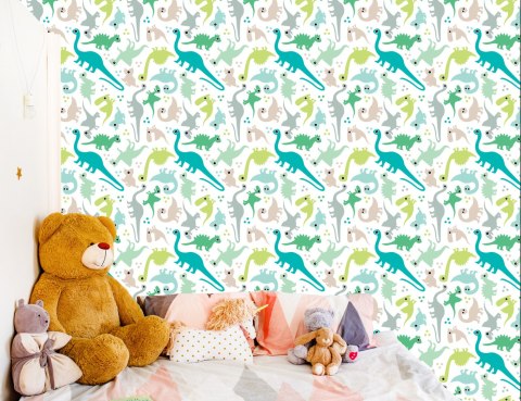 Tapeta W Kolorowe Dinozaury, Kropki, Pokój Chłopca Tapeta W Kolorowe Dinozaury, Kropki, Pokój Chłopca