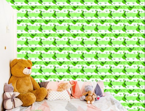 Tapeta Dla Dzieci - Dinozaury Na Tle Zielono - Białych Pasków Tapeta Dla Dzieci - Dinozaury Na Tle Zielono - Białych Pasków