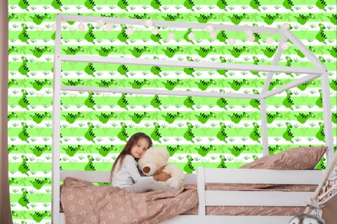 Tapeta Dla Dzieci - Dinozaury Na Tle Zielono - Białych Pasków Tapeta Dla Dzieci - Dinozaury Na Tle Zielono - Białych Pasków